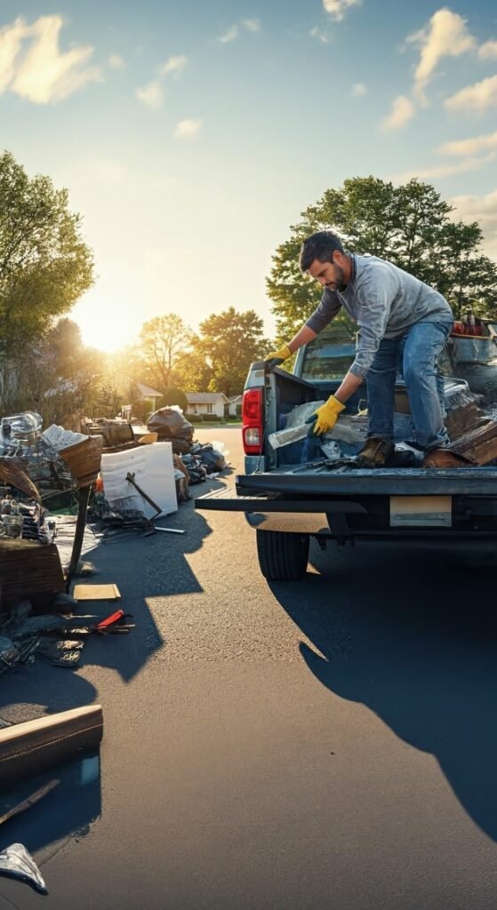 A person is uploading scrap metal in his truck from a curbside pickup.